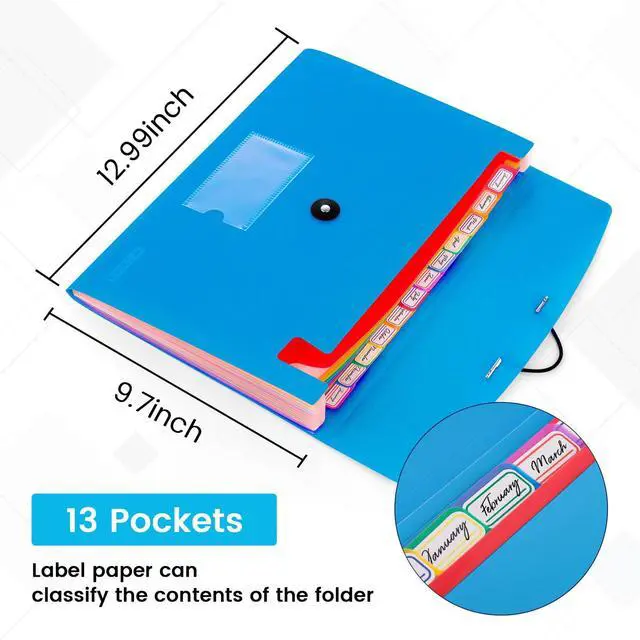 Alt view image 2 of 7 - 13 Pocket Expanding File Folder Accordian File Organizer, A4 Letter Size Paper Document Receipt Holder for School Office Supplies, Blue