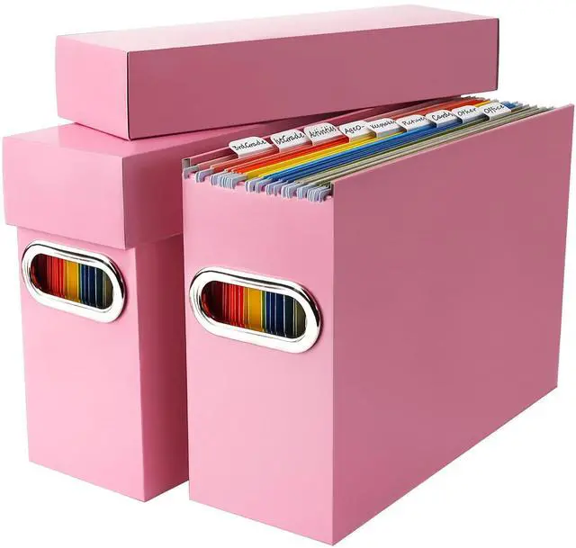 Main image of File Organizer Box with Lid & Handle, Thickened Cardboard Hanging File Folder Storage Boxes for Letter Size, Portable Filing Organizer for Office, Home, Classroom, Pink 2 Pack