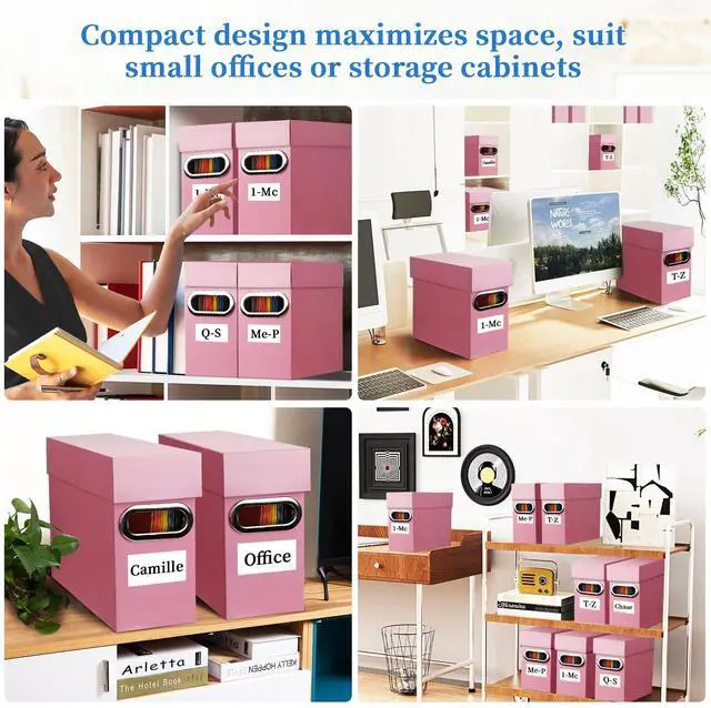 Alt view image 7 of 7 - File Organizer Box with Lid & Handle, Thickened Cardboard Hanging File Folder Storage Boxes for Letter Size, Portable Filing Organizer for Office, Home, Classroom, Pink 2 Pack