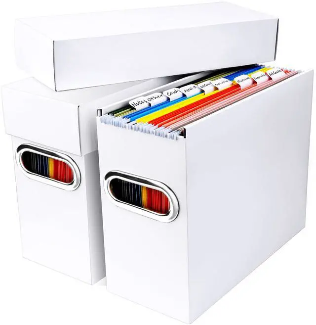 Main image of File Organizer Box with Lid & Handle, Thickened Cardboard Hanging File Folder Storage Boxes for Letter Size, Portable Filing Organizer for Office, Home, Classroom, White 2 Pack