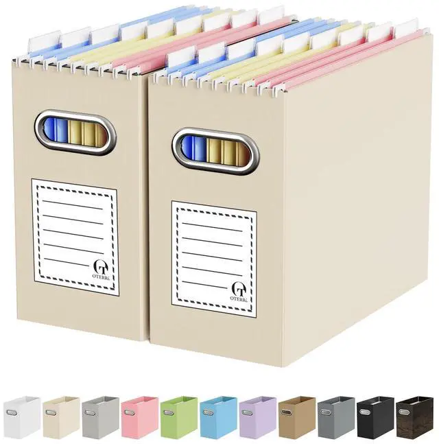 Main image of Portable Collapsible Cardboard File Box with Handle for Letter-Size | 2-Pack. Stainless Steel Handle. Label Stickers Included. Fits Letter Folders (Not Included). Home, Office, School, Dorm, Tax.
