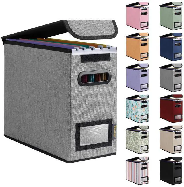Main image of File Organizer Box with Lid, Collapsible Hanging File Storage Box | Smooth Plastic Rails, Textured Fabric Exterior, Collapsible Hanging File Folder Box for Office Document Storage