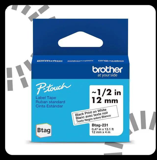 Main image of Genuine P-Touch Btag BTAG231 Black on White Label Tape ~1/2in by 13.1ft (12mm x 4m). (Works Only with Brother PT-N10, PT-N20, PT-N25BT Label Makers)