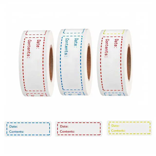 Main image of Freezer Labels 375pcs - 3"x1" Self-Adhesive Removable Food Labels | Write-On Waterproof & Oil-Proof Tape for Containers, Meal Prep & Pantry Organization (3 Rolls, 3 Colors)