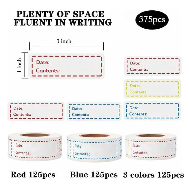 Alt view image 2 of 7 - Freezer Labels 375pcs - 3"x1" Self-Adhesive Removable Food Labels | Write-On Waterproof & Oil-Proof Tape for Containers, Meal Prep & Pantry Organization (3 Rolls, 3 Colors)