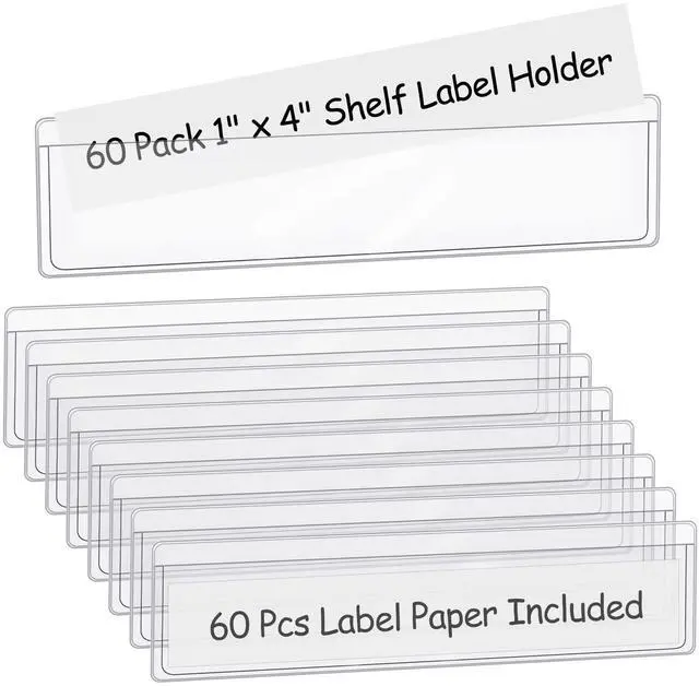 Main image of 60 Pack 1.2" x 4.3" Self Adhesive Label Holders with 60Pcs Paper Label Inserts, Shelf Tag Label Holder Clear Pockets for Bookshelf Mailbox Shelves Storage Bins