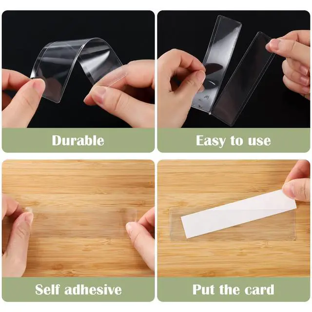 Alt view image 4 of 7 - 60 Pack 1.2" x 4.3" Self Adhesive Label Holders with 60Pcs Paper Label Inserts, Shelf Tag Label Holder Clear Pockets for Bookshelf Mailbox Shelves Storage Bins
