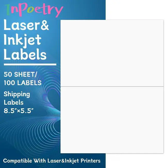 Main image of 8.5 x 5.5 Half Sheet Shipping Labels, Label Sticker for Laser&Inkjet Printers, White Half Page Label Stickers, 2 Labels per Sheet, 8.5 x 11 Adhesive Half Page Labels, 100 Labels