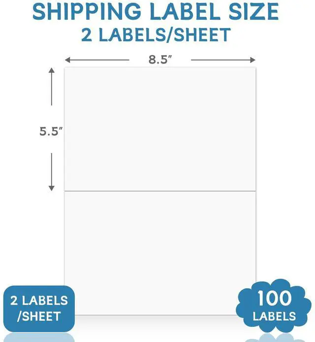 Alt view image 2 of 6 - 8.5 x 5.5 Half Sheet Shipping Labels, Label Sticker for Laser&Inkjet Printers, White Half Page Label Stickers, 2 Labels per Sheet, 8.5 x 11 Adhesive Half Page Labels, 100 Labels