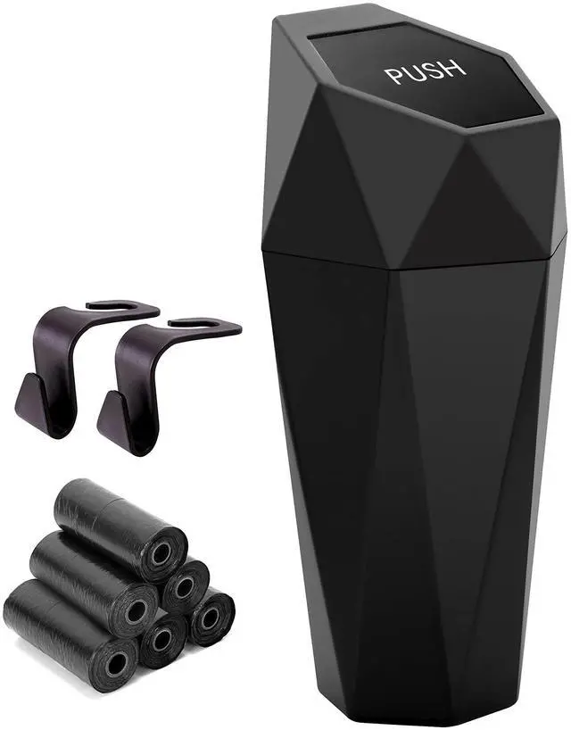 Main image of Car Trash Can Cup Holder, Mini Car Trash Can with Lid, Car Accessories for Interior, Leakproof Small Trash Cup for Car, Home, Office, Bedroom with Additional 2 Hooks and 90pcs Trash Bags Black
