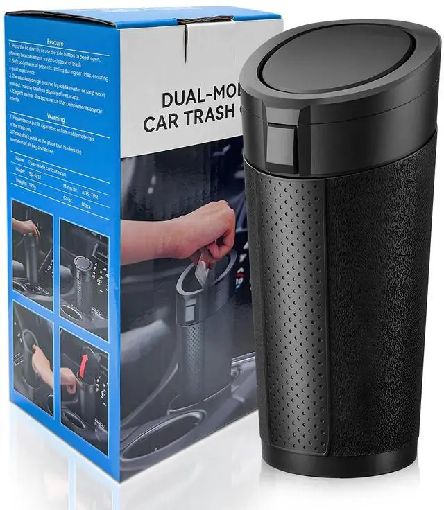 Main image of Car Trash Can Bin with Lid, Cup Holder Garbage Container Leakproof Vehicle Door Trash Bin, Mini Portable Dustbin Multipurpose Organizer for Auto Side Door Home Office (Black)