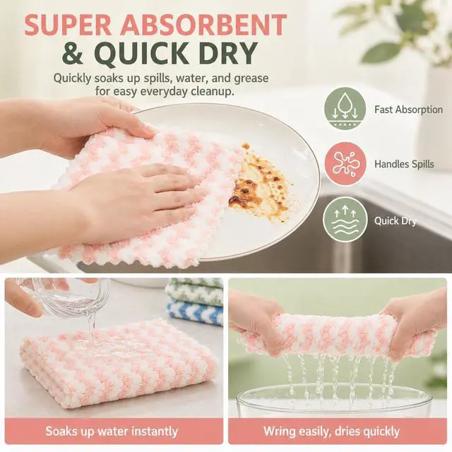 Alt view image 3 of 7 - 10PACK Kitchen Cleaning Cloths, Microfiber Dish Cloths: All-Purpose Washing/Soft/Lint Free/Absorbent/Quick Dry Reusable Washable Towels for Bathroom/Car/Glass, 10''x10'' - Green