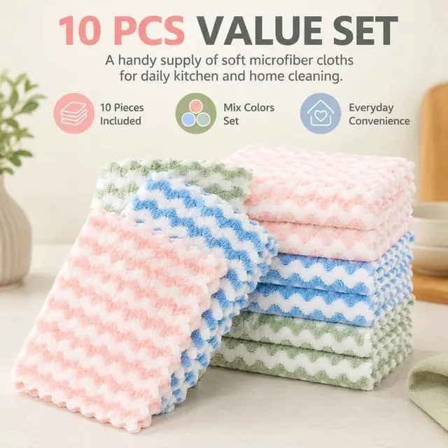 Alt view image 5 of 7 - 10PACK Kitchen Cleaning Cloths, Microfiber Dish Cloths: All-Purpose Washing/Soft/Lint Free/Absorbent/Quick Dry Reusable Washable Towels for Bathroom/Car/Glass, 10''x10'' - Green