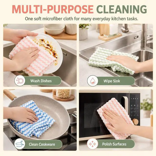 Alt view image 7 of 7 - 10PACK Kitchen Cleaning Cloths, Microfiber Dish Cloths: All-Purpose Washing/Soft/Lint Free/Absorbent/Quick Dry Reusable Washable Towels for Bathroom/Car/Glass, 10''x10'' - Green