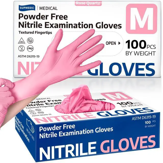 Main image of Medical Nitrile Exam Gloves Latex & Powder-Free Disposable, 100 M | Soft Stretch Fit Powder-Free Latex-Free Examination Cooking Cleaning Food Prep Esthetician 100Ct Rose Quartz Medium