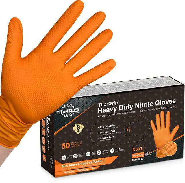 Main image of Heavy Duty Industrial Orange Nitrile Gloves, 8-mil, Gloves Disposable Latex Free with Raised Diamond Texture Grip, Powder Free, Rubber Glove, Mechanic Gloves,50-ct Box (XXL)