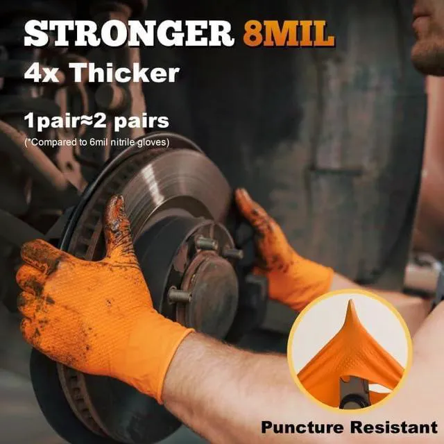 Alt view image 3 of 7 - Heavy Duty Industrial Orange Nitrile Gloves, 8-mil, Gloves Disposable Latex Free with Raised Diamond Texture Grip, Powder Free, Rubber Glove, Mechanic Gloves,50-ct Box (XXL)