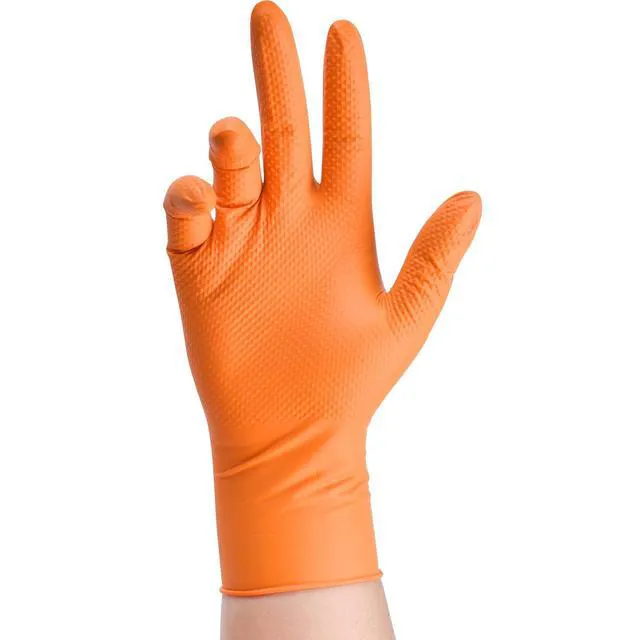 Alt view image 2 of 7 - Heavy Duty Industrial Orange Nitrile Gloves, 8-mil, Gloves Disposable Latex Free with Raised Diamond Texture Grip, Powder Free, Rubber Glove, Mechanic Gloves,50-ct Box (XXL)
