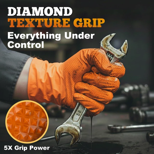 Alt view image 4 of 7 - Heavy Duty Industrial Orange Nitrile Gloves, 8-mil, Gloves Disposable Latex Free with Raised Diamond Texture Grip, Powder Free, Rubber Glove, Mechanic Gloves,50-ct Box (XXL)