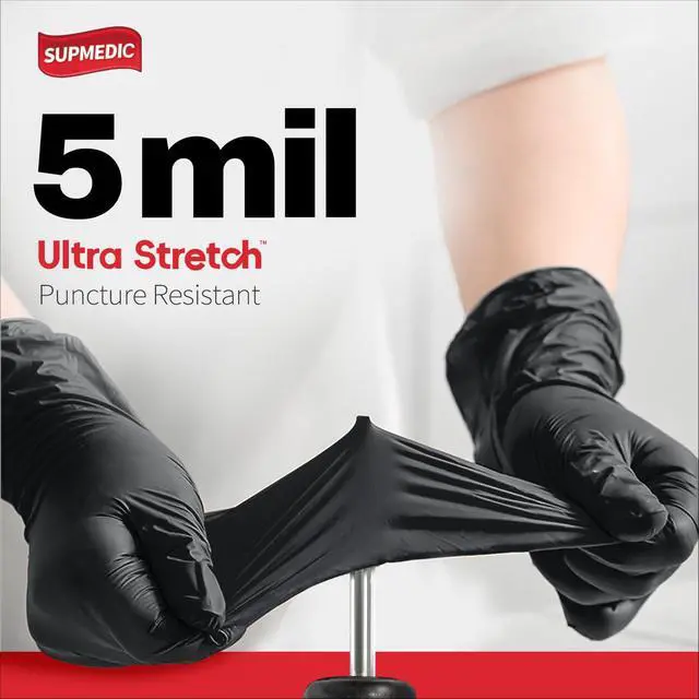 Alt view image 2 of 7 - Nitrile+ Disposable Gloves 5Mil Powder-Free Glove, Black 100 (L) | Soft Stretch Fit Powder-Free Latex-Free Chemical Resistant Cooking Cleaning Food Prep Exam Black 100 Ct Large