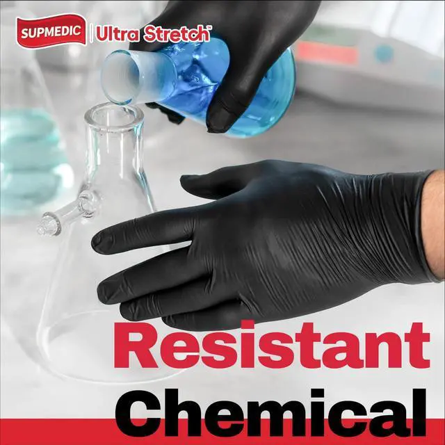Alt view image 6 of 7 - Nitrile+ Disposable Gloves 5Mil Powder-Free Glove, Black 100 (L) | Soft Stretch Fit Powder-Free Latex-Free Chemical Resistant Cooking Cleaning Food Prep Exam Black 100 Ct Large