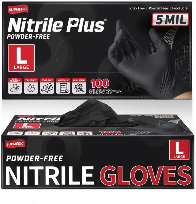 Main image of Nitrile+ Disposable Gloves 5Mil Powder-Free Glove, Black 100 (L) | Soft Stretch Fit Powder-Free Latex-Free Chemical Resistant Cooking Cleaning Food Prep Exam Black 100 Ct Large