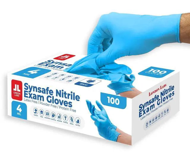 Main image of Synsafe 4 Mil - Blue Nitrile Exam Gloves Disposable Latex Free & Powder Free Extra Strong, Rubber Gloves First Aid Kit, Medical, EMT, Cleaning, Cooking | Pack of (100 ct)