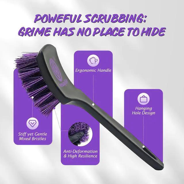 Alt view image 2 of 7 - Pro Tire Cleaning Brush, Gentle Stiff Mixed Bristles,Short Handle | Scrub Brush for Tire Sidewalls, Rubber Mats & Carpets, Anti-Deformation Tyre Detailing Tool