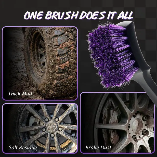 Alt view image 5 of 7 - Pro Tire Cleaning Brush, Gentle Stiff Mixed Bristles,Short Handle | Scrub Brush for Tire Sidewalls, Rubber Mats & Carpets, Anti-Deformation Tyre Detailing Tool