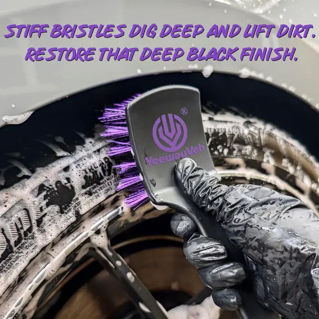 Alt view image 3 of 7 - Pro Tire Cleaning Brush, Gentle Stiff Mixed Bristles,Short Handle | Scrub Brush for Tire Sidewalls, Rubber Mats & Carpets, Anti-Deformation Tyre Detailing Tool