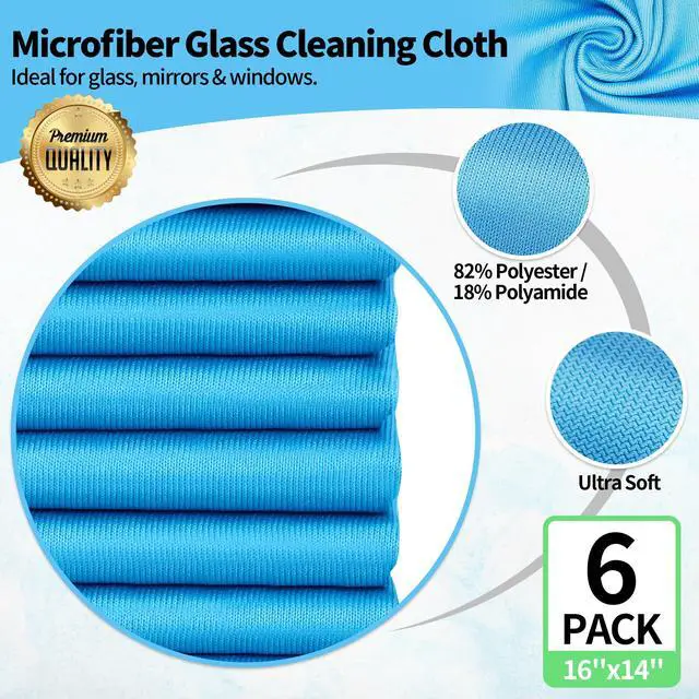 Alt view image 2 of 7 - Microfiber Glass Cleaning Cloth, 6 Pack Window Glass Cleaning Rags, Reusable Lint-Free Streak Free Polishing Cloth Wipes for Stainless Steel, Eyeglasses, Mirrors, Screens & Lenses,16"x14"