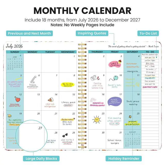 Alt view image 2 of 7 - Monthly Planner 2026-2027, 18-Month Aesthetic Calendar, Jul 2026-Dec 2027 | 7" x 10" Monthly Planner Calendar, Pretty Spiral Organizer for Women, Ideal for School Office Home - Wildflowers