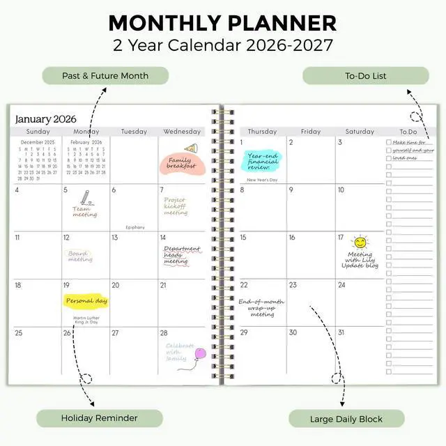 Alt view image 2 of 7 - Monthly Planner 2026-2027, 24 Months Calendar Planner 2026-2027, 7.5" x 10" B5 Planner, Twin-wire Spiral Bound, Durable Waterproof Cover, Thick No-Bleed Paper, Green