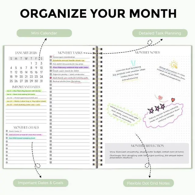 Alt view image 3 of 7 - Monthly Planner 2026-2027, 24 Months Calendar Planner 2026-2027, 7.5" x 10" B5 Planner, Twin-wire Spiral Bound, Durable Waterproof Cover, Thick No-Bleed Paper, Green