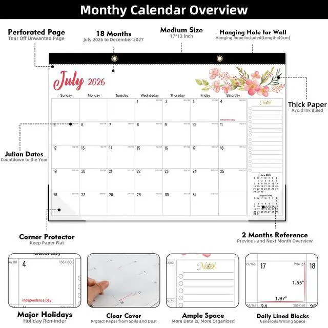 Alt view image 6 of 7 - Desk Calendar 2026-2027, Jul 2026-Dec 2027, 18-Month, 17" x 12" Large | Desktop & Wall Monthly Calendar for Home School Office