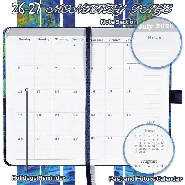 Alt view image 3 of 7 - 2026-2027 Pocket Planner/Calendar - 2026-2027 Calendar Weekly and Monthly from July 2026 - June 2027 with Spreads, 3.8" x 6.3", Pen Holder, Inner Pocket, Elastic Closure