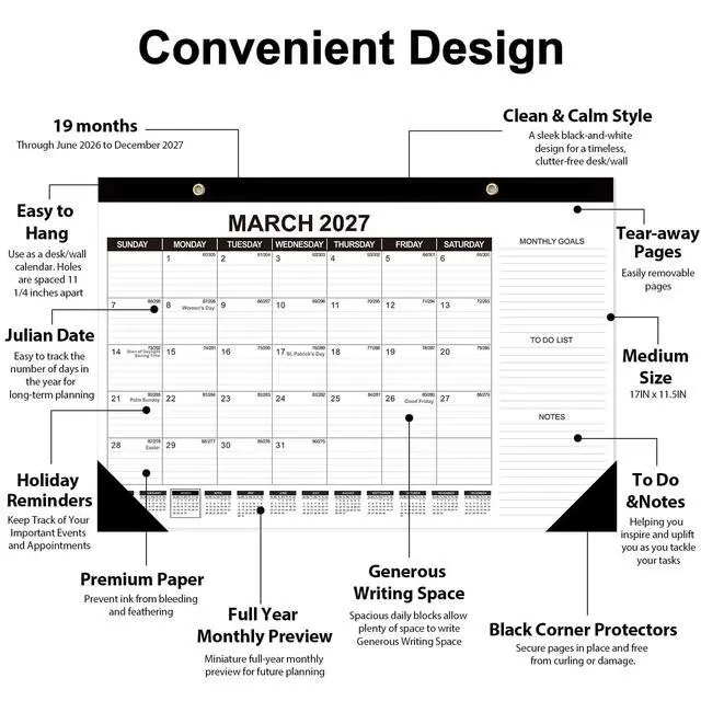 Alt view image 3 of 7 - Desk Calendar 2026-2027, 19 Months Jun 2026 - Dec 2027, 17"x11.5" | Desktop Planner with Julian Date, Monthly Goals, Academic To-Do List, for Home, Office, School & Teachers