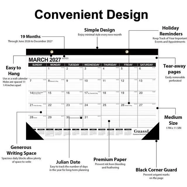 Alt view image 3 of 7 - Desk Calendar 2026-2027 - 19 Months Academic Calendar 17" × 11.5" Desktop Calendar from Jun. 2026 to Dec. 2027 with Julian Date for Home School Office Desk Top Organizing