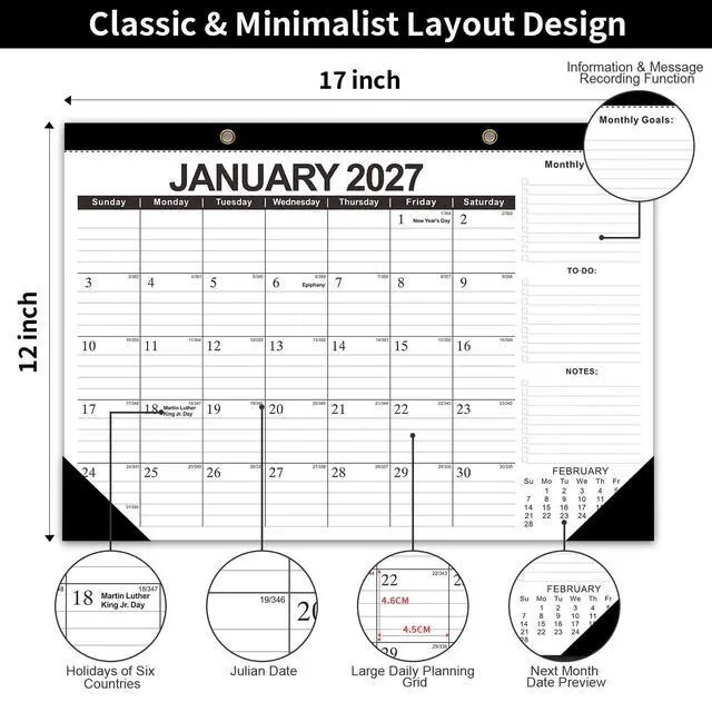 Alt view image 4 of 7 - Desk Calendar 2026-2027, 19 Month June 2026 - Dec 2027, 17x12, Black | Minimalist Design Desktop Calendar with Thick Paper, Large Blocks for Home & Office