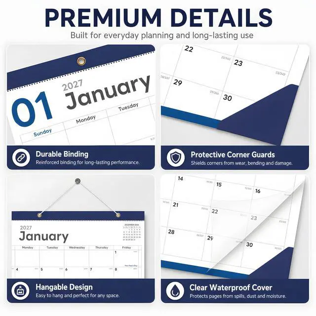 Alt view image 2 of 6 - Desk Calendar 2026-2027, 18 Months, Jul 2026-Dec 2027, 17x12 Inch, Navy | 2-in-1 Desk & Wall Design, Frosted PVC Cover, 120 GSM Thick Paper, Sturdy 350 GSM Backboard, 2 Bonus Sticker