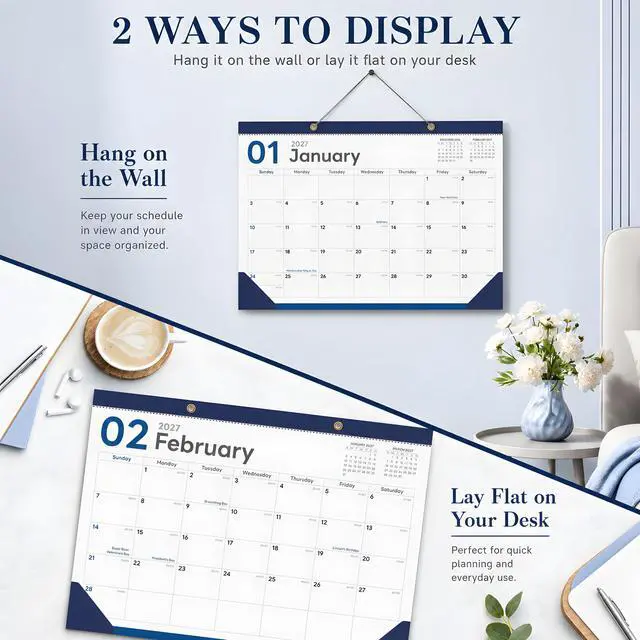 Alt view image 6 of 6 - Desk Calendar 2026-2027, 18 Months, Jul 2026-Dec 2027, 17x12 Inch, Navy | 2-in-1 Desk & Wall Design, Frosted PVC Cover, 120 GSM Thick Paper, Sturdy 350 GSM Backboard, 2 Bonus Sticker