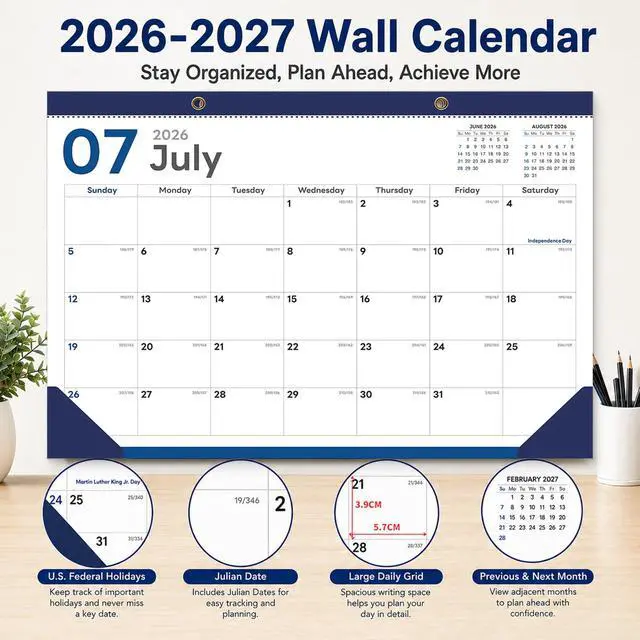 Alt view image 4 of 6 - Desk Calendar 2026-2027, 18 Months, Jul 2026-Dec 2027, 17x12 Inch, Navy | 2-in-1 Desk & Wall Design, Frosted PVC Cover, 120 GSM Thick Paper, Sturdy 350 GSM Backboard, 2 Bonus Sticker