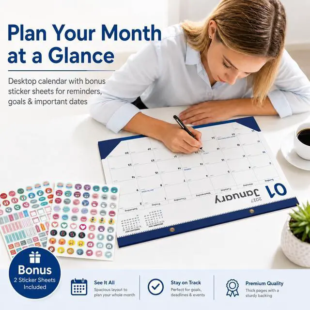 Alt view image 5 of 6 - Desk Calendar 2026-2027, 18 Months, Jul 2026-Dec 2027, 17x12 Inch, Navy | 2-in-1 Desk & Wall Design, Frosted PVC Cover, 120 GSM Thick Paper, Sturdy 350 GSM Backboard, 2 Bonus Sticker