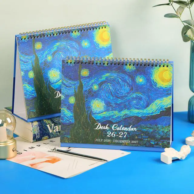 Alt view image 2 of 7 - 2027 Desk Calendar, Flip Desktop Calendar, Jul 2026 - Dec 2027 | 9.8" x 8.3" Starry Night Van Gogh Desk Planner with Thick Paper for Office Home School