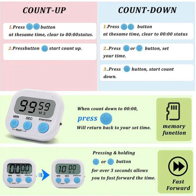 Alt view image 5 of 7 - 6 Pack Multi-Function Electronic Timer - Kitchen Timer,Magnetic Digital Timers,Big LCD Display, ON/Off Switch,Extensively Use in Cooking,Gym, Meeting, Classroom,Kitchen,Study,Work,Outdoor Activities