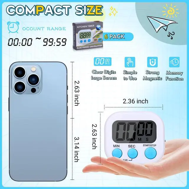 Alt view image 3 of 7 - Kitchen Timer 6 Packs Digital Timers for Classroom Small Magnetic Countdown Stopwatch for Cooking Mini Loud Alarm Stop for Kitchen Study Work Baking Sports Games Timer Clock