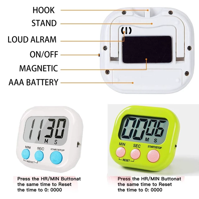 Alt view image 5 of 7 - 2 Pack Digital Kitchen Timers with ON/Off Switch & Loud Alarm | Clear LCD, Upgraded Magnet, Foldable Stand, Easy Control, Memory Mode for Teachers Classroom, Kids Study, Seniors & Baking