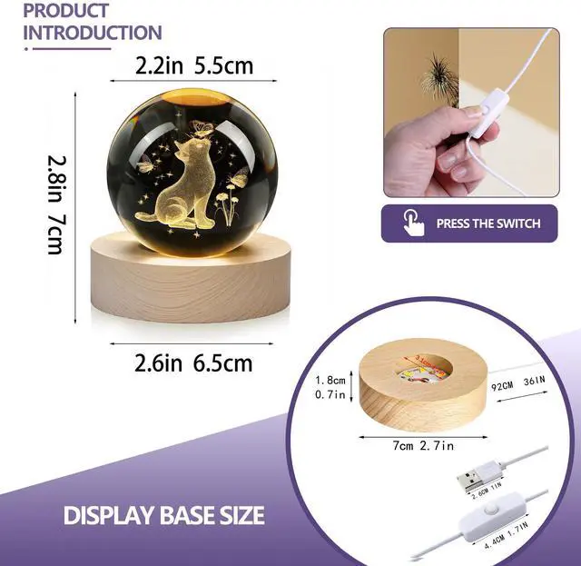 Alt view image 4 of 7 - 60mm 3D Cat Crystal Ball Night Light Gifts for Cat Lovers | Glass Ball Lamp, Funny Cat Gifts, Office Desk Decor, Birthday Christmas Wedding Decoration