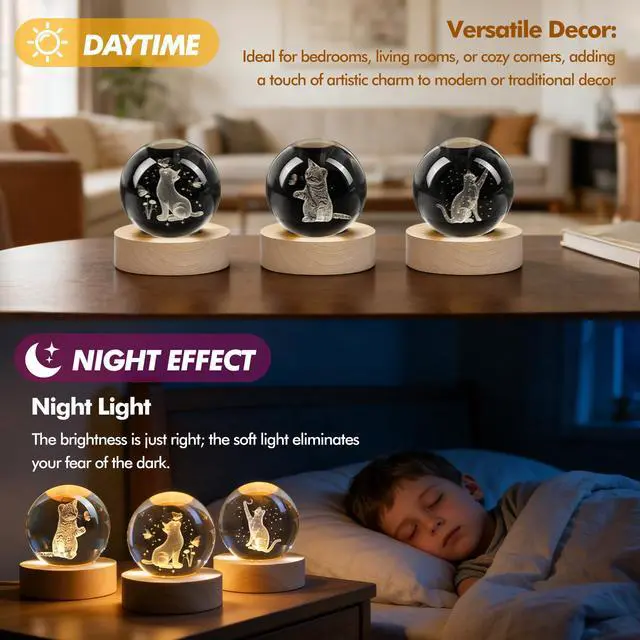 Alt view image 2 of 7 - 60mm 3D Cat Crystal Ball Night Light Gifts for Cat Lovers | Glass Ball Lamp, Funny Cat Gifts, Office Desk Decor, Birthday Christmas Wedding Decoration
