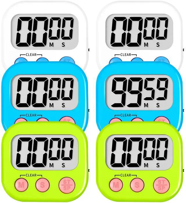 Main image of Digital Kitchen Classroom Timers for Kids Cooking 6pcs Wht Blu Grn | Strong Magnetic, Large Screen, Big Button, Count Up/Down, Loud Alarm, Teacher Classroom Must Haves Supplies